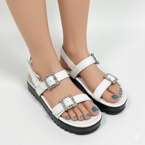 Schutz Ruth Embellished Leather Flatform Slingback Sandals White Crystal 7.5